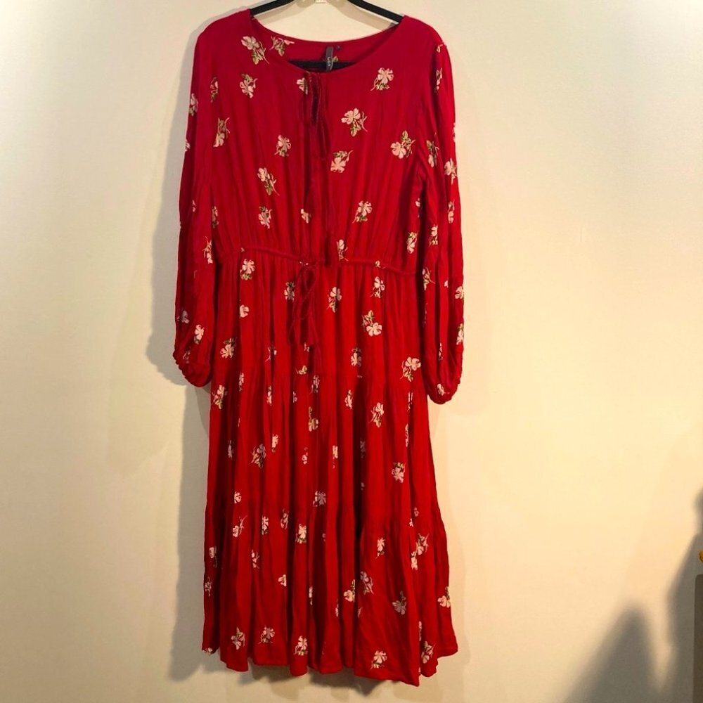 L.O.V. Sz S Oversized Bohemian  Tiered Skirt Balloon Sleeves Lined Maxi Dress